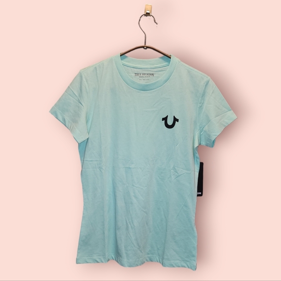 True Religion Sunset back Logo Short Sleeve Tee Blue Palm Tree Tropical Crewneck - Picture 1 of 3